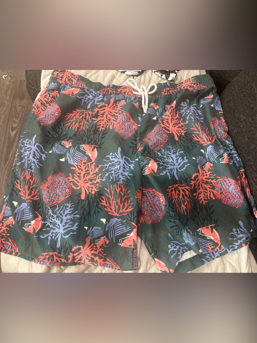 Amazon Essentials Men’s Swim Trunks - Green with Coral & Lavender Reef Print